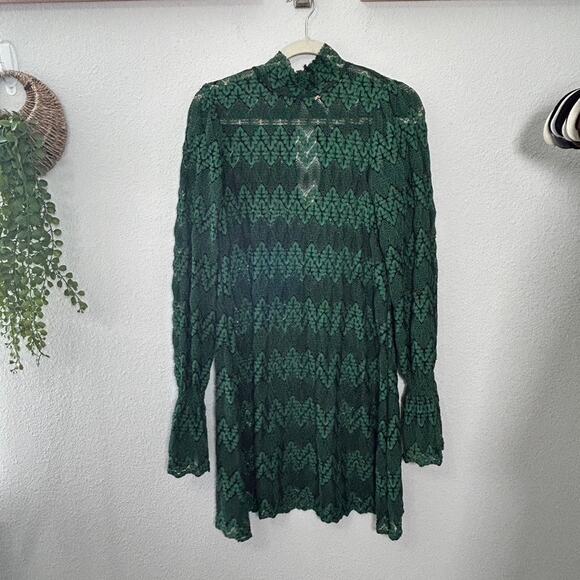 NEW Free People Simone Mock Neck Lace Mini Dress Emerald Green Small Goth Punk - Picture 2 of 9